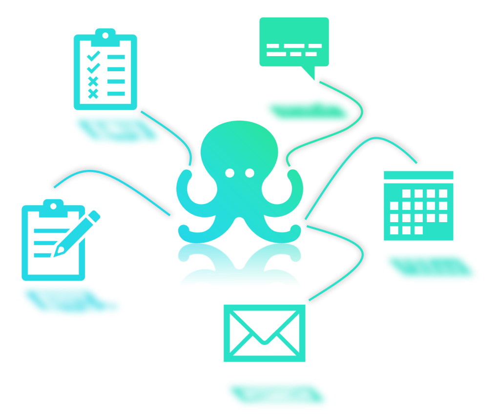 Krake als AI-Symbol in der Mitte, Tentakel zu Icons für E-Mail (Umschlag), Notizblock, Checkliste (Aufgaben), Kalender und Themen-Tags – zeigt Datenverknüpfung in ānbāsan.