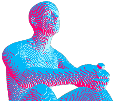 Digitale Voxel-Figur in Denkerpose: Symbol für die Vision von ānbāsan über Mensch, KI, Daten und deren Verbindung mit modernem Context Management.