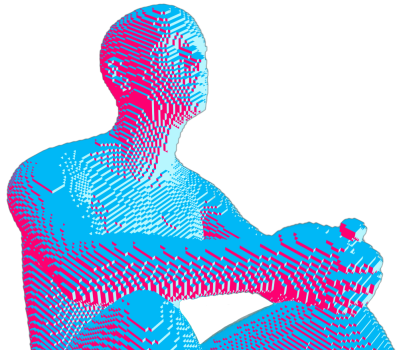 The image of a person in a thinker's pose and, as a stylistic instrument, refers to the vision and philosophy of Virtuonary.